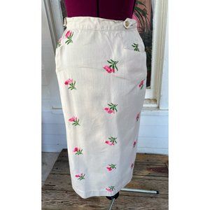 Vintage 1970s Cotton Wrap Skirt Embroidered Pink Flowers Sz M